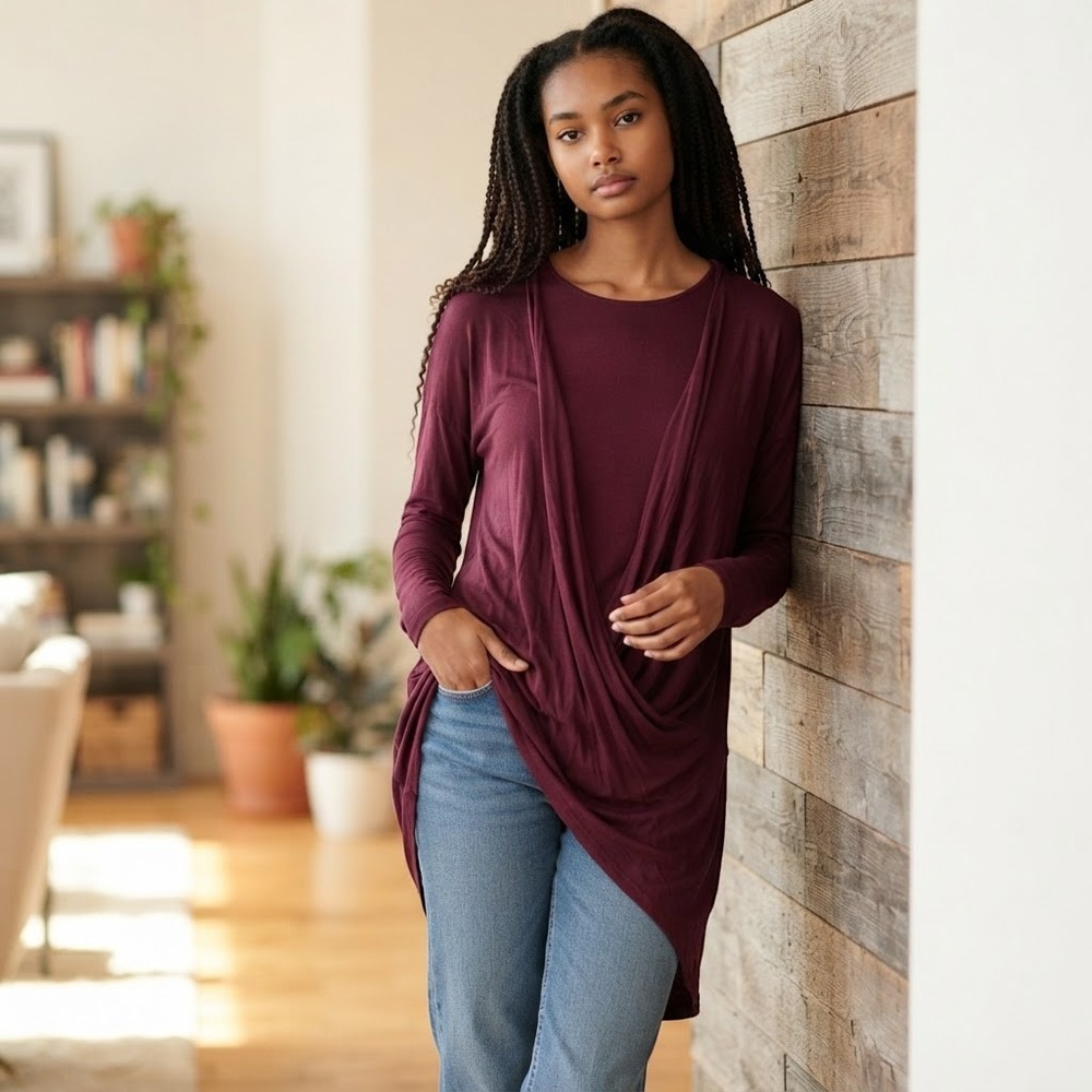 Cato Tunic Top Size M Burgundy Excellent Twist Front High-Low V-Neck Long Sleeve
